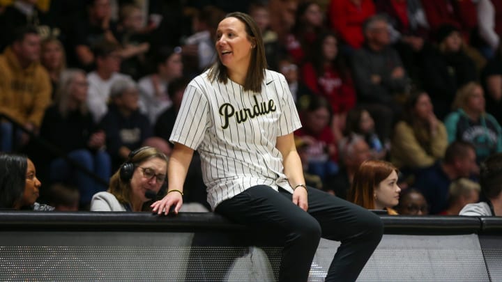 Purdue Boilermakers women's basketball coach Katie Gearlds watches her players 