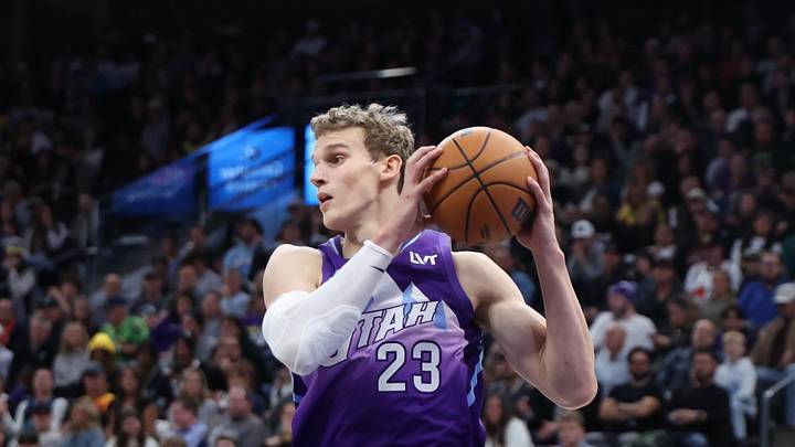 Nov 14, 2024; Salt Lake City, Utah, USA; Utah Jazz forward Lauri Markkanen (23) rebounds the ball against the Dallas Mavericks during the fourth quarter at Delta Center. Mandatory Credit: Rob Gray-Imagn Images