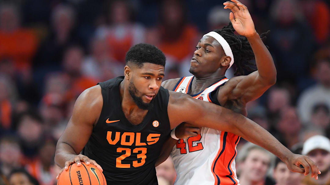 Dec 2, 2025; Syracuse, New York, USA; William Kyle III led the way defensively for the Orange with six blocks against the Volunteers. Mandatory Credit: Rich Barnes-Imagn Images