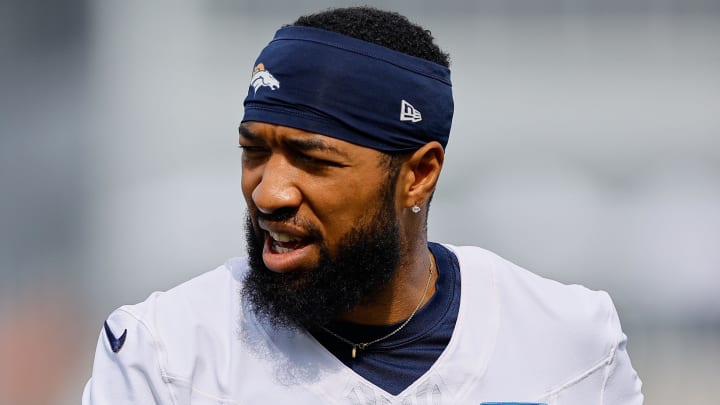 Jul 26, 2024; Englewood, CO, USA; Denver Broncos wide receiver Tim Patrick (12) during training camp at Broncos Park Powered by CommonSpirit. Mandatory Credit: Isaiah J. Downing-USA TODAY Sports