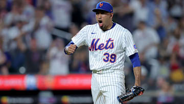 Jul 3, 2025; New York City, New York, USA; New York Mets relief pitcher Edwin Diaz (39) celebrates after defeating the Milwaukee Brewers at Citi Field. Mandatory Credit: Brad Penner-Imagn Images
