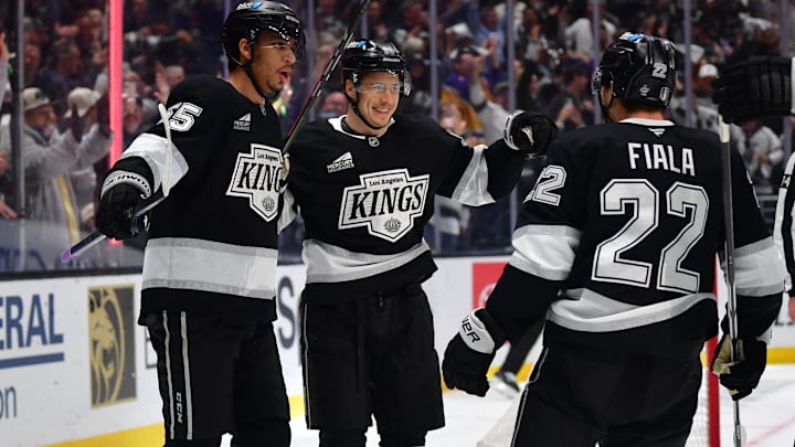 Apr 29, 2025; Los Angeles, California, USA; Los Angeles Kings left wing Andrei Kuzmenko (96) celebrates his power play goal scored against the against the Edmonton Oilers with right wing Quinton Byfield (55) and left wing Kevin Fiala (22) during the second period in game five of the first round of the 2025 Stanley Cup Playoffs at Crypto.com Arena. Mandatory Credit: Gary A. Vasquez-Imagn Images