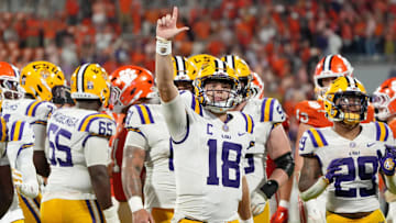 LSU Tigers quarterback Garrett Nussmeier gestures after a play against the Clemson Tigers at Memorial Stadium. 
