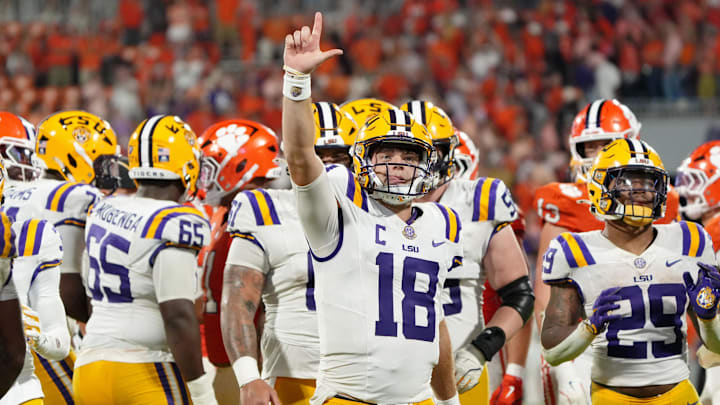 LSU Tigers quarterback Garrett Nussmeier gestures after a play against the Clemson Tigers at Memorial Stadium. 