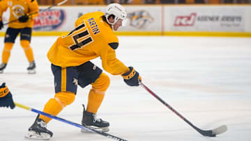 Gold team forward Brady Martin (44) skates with the puck during the Future Stars Game at the Ford Ice Center Bellevue in Nashville, Tenn., Saturday, July 5, 2025.