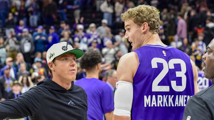Nov 23, 2024; Salt Lake City, Utah, USA; Utah Jazz forward/center Lauri Markkanen (23) and Ryan Smith after a game against the New York Knicks at the Delta Center. Mandatory Credit: Christopher Creveling-Imagn Images