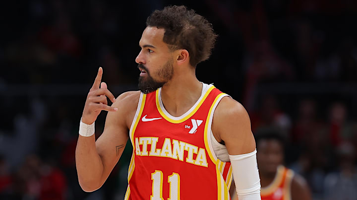 Trae Young #11 of the Atlanta Hawks reacts against the Washington Wizards