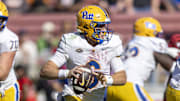 Nov 1, 2025; Stanford, California, USA; Pittsburgh Panthers quarterback Mason Heintschel (6) runs the ball against the Stanford Cardinal during the second quarter at Stanford Stadium. Mandatory Credit: John Hefti-Imagn Images