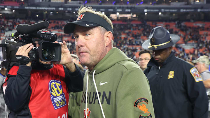 Nov 1, 2025; Auburn, Alabama, USA;  Auburn Tigers head coach Hugh Freeze walks off the field after the Tigers lost to Kentucky Wildcats at Jordan-Hare Stadium. Mandatory Credit: John Reed-Imagn Images