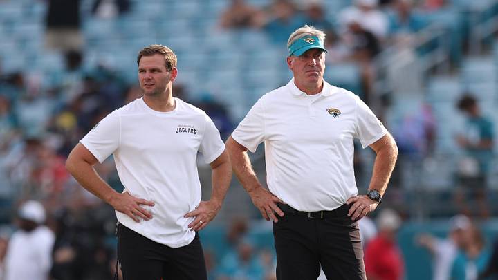 Aug 10, 2024; Jacksonville, Florida, USA; Jacksonville Jaguars head coach Doug Pederson and offensive coordinator Press Taylor look on before a  preseason game against the Kansas City Chiefs at EverBank Stadium. Mandatory Credit: Nathan Ray Seebeck-Imagn Images