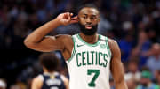 Boston Celtics guard Jaylen Brown (7) reacts to the crowd during the fourth quarter on Wednesday