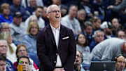 Nov 10, 2025; Storrs, Connecticut, USA; UConn Huskies head coach Dan Hurley watches from the sideline as they take on the Columbia Lions at Harry A. Gampel Pavilion. Mandatory Credit: David Butler II-Imagn Images