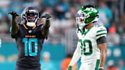 Sep 29, 2025; Miami Gardens, Florida, USA; Miami Dolphins wide receiver Tyreek Hill (10) reacts after a play against the New York Jets during the first half at Hard Rock Stadium. Mandatory Credit: Rich Storry-Imagn Images