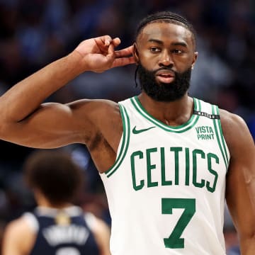 Boston Celtics guard Jaylen Brown (7) reacts to the crowd during the fourth quarter on Wednesday