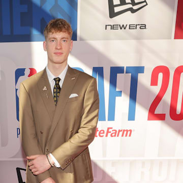 Jun 25, 2025; Brooklyn, NY, USA; Kasparas Jakucionis arrives before the first round of the 2025 NBA Draft at Barclays Center. Mandatory Credit: Brad Penner-Imagn Images