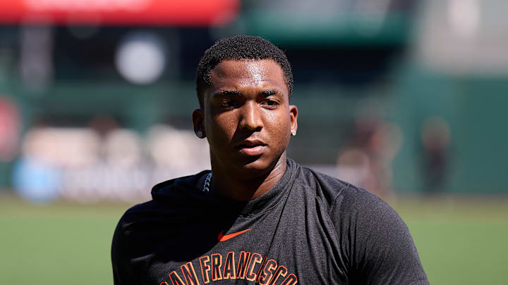 Sep 14, 2024; San Francisco, California, USA; San Francisco Giants infielder Marco Luciano (37) stands on the field during batting practice before a game between the San Francisco Giants and the San Diego Padres at Oracle Park. Mandatory Credit: Robert Edwards-Imagn Images