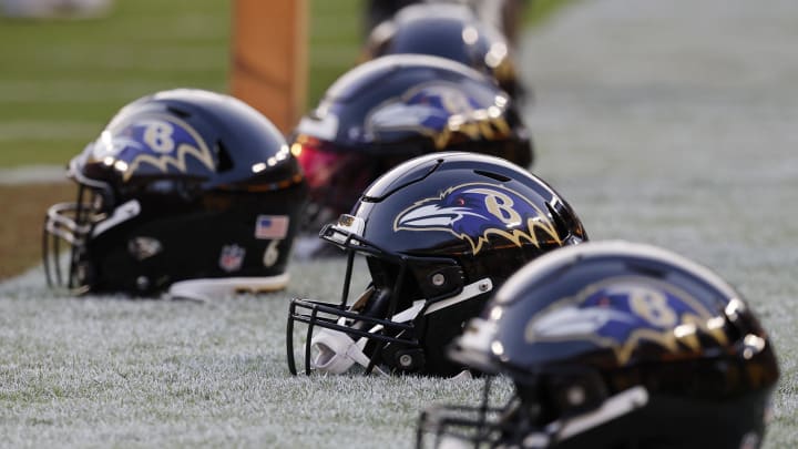 Aug 21, 2023; Landover, Maryland, USA; A view of Baltimore Ravens players' helmets during warmup prior to their game against the Washington Commanders at FedExField. Mandatory Credit: Geoff Burke-USA TODAY Sports