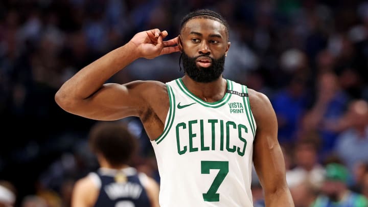 Jun 12, 2024; Dallas, Texas, USA; Boston Celtics guard Jaylen Brown (7) reacts to the crowd during the fourth quarter during game three of the 2024 NBA Finals against the Dallas Mavericks at American Airlines Center. Mandatory Credit: Kevin Jairaj-USA TODAY Sports