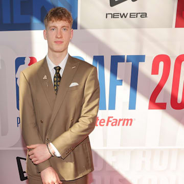 Jun 25, 2025; Brooklyn, NY, USA; Kasparas Jakucionis arrives before the first round of the 2025 NBA Draft at Barclays Center. Mandatory Credit: Brad Penner-Imagn Images