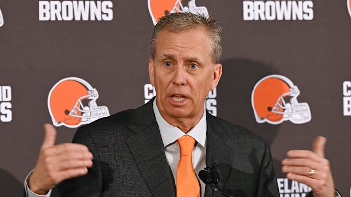 Cleveland Browns head coach Todd Monken speaks to the media during an introductory press conference.