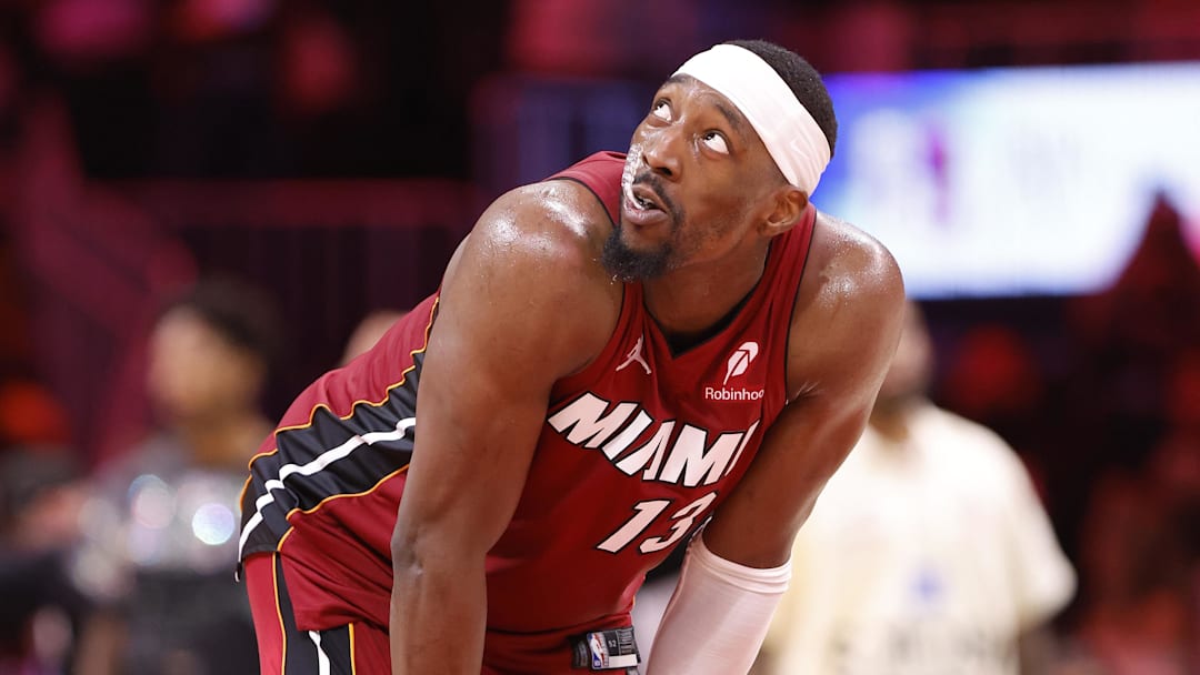Mar 10, 2026; Miami, Florida, USA;  Miami Heat center Bam Adebayo (13) looks around the arena during a time out in the second half against the Washington Wizards at Kaseya Center. Mandatory Credit: Rhona Wise-Imagn Images