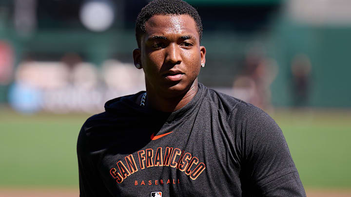 Sep 14, 2024; San Francisco, California, USA; San Francisco Giants infielder Marco Luciano (37) stands on the field during batting practice before a game between the San Francisco Giants and the San Diego Padres at Oracle Park. Mandatory Credit: Robert Edwards-Imagn Images