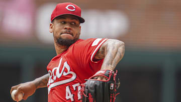 Jul 24, 2024; Cumberland, Georgia, USA; Cincinnati Reds starting pitcher Frankie Montas (47) pitches against the Atlanta Braves during the first inning at Truist Park. Mandatory Credit: Dale Zanine-USA TODAY Sports