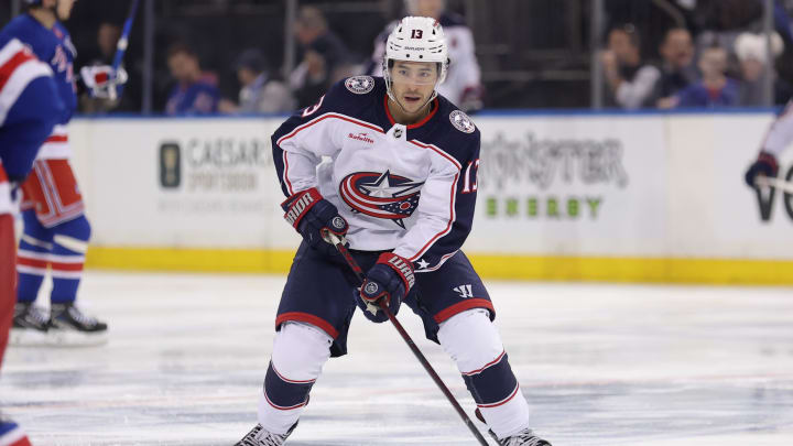 Feb 28, 2024; New York, New York, USA; Columbus Blue Jackets left wing Johnny Gaudreau (13) skates with the puck against the New York Rangers during the first period at Madison Square Garden. Mandatory Credit: Brad Penner-USA TODAY Sports