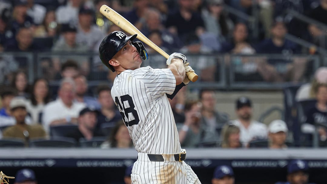 May 2, 2025; Bronx, New York, USA; New York Yankees first baseman Paul Goldschmidt (48) hits a three run home run during the fifth inning against the Tampa Bay Rays at Yankee Stadium.