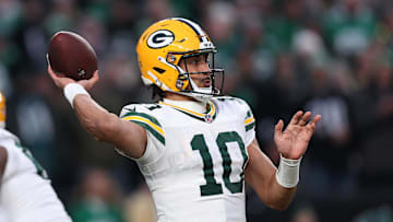 Jan 12, 2025; Philadelphia, Pennsylvania, USA; Green Bay Packers quarterback Jordan Love (10) drops back to pass against the Philadelphia Eagles during the first quarter in the NFC wild card game at Lincoln Financial Field. Mandatory Credit: Bill Streicher-Imagn Images