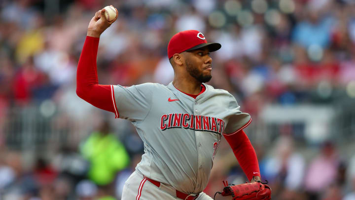 Jul 22, 2024; Atlanta, Georgia, USA; Cincinnati Reds starting pitcher Hunter Greene (21) throws against the Atlanta Braves in the second inning at Truist Park. Mandatory Credit: Brett Davis-USA TODAY Sports