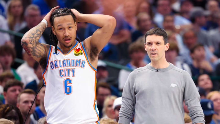 May 11, 2024; Dallas, Texas, USA; Oklahoma City Thunder forward Jaylin Williams (6) and Oklahoma City Thunder head coach Mark Daigneault react during the game against the Dallas Mavericks during game three of the second round for the 2024 NBA playoffs at American Airlines Center. Mandatory Credit: Kevin Jairaj-USA TODAY Sports