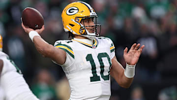 Green Bay Packers quarterback Jordan Love (10) drops back to pass against the Philadelphia Eagles during the first quarter in the NFC Wild Card game at Lincoln Financial Field.