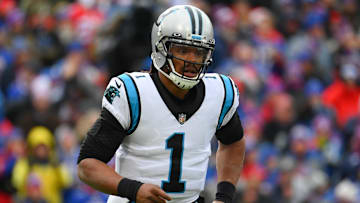 Dec 19, 2021; Orchard Park, New York, USA; Carolina Panthers quarterback Cam Newton (1) against the Buffalo Bills during the first half at Highmark Stadium. Mandatory Credit: Rich Barnes-Imagn Images