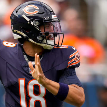 Chicago Bears quarterback Caleb Williams (18) throws a pass in the first quarter of the NFL Preseason Week 2 game between the Chicago Bears and the Cincinnati Bengals at Soldier Field in downtown Chicago on Saturday, Aug. 17, 2024. The Bears led 10-3 at halftime.