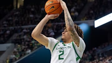 Oregon guard Jadrian Tracey puts up a shot as the Oregon Ducks host the Purdue Boilermakers on Saturday, Jan. 18, 2025, at Matthew Knight Arena in Eugene, Ore.
