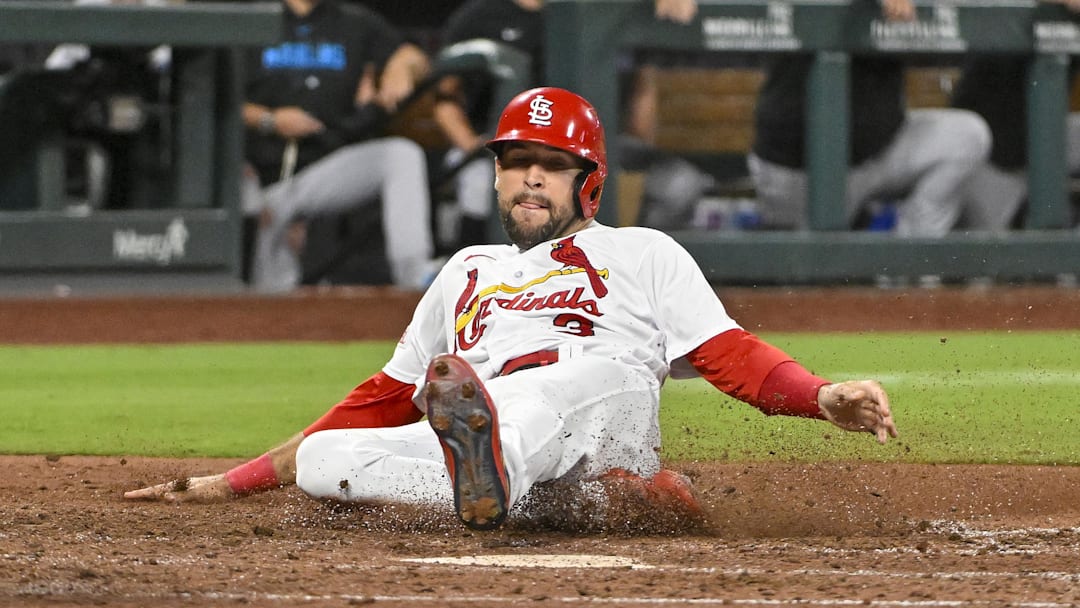 Jul 18, 2023; St. Louis, Missouri, USA;  St. Louis Cardinals center fielder Dylan Carlson (3) scores against the Miami Marlins during the seventh inning at Busch Stadium. Mandatory Credit: Jeff Curry-Imagn Images
