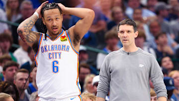 May 11, 2024; Dallas, Texas, USA; Oklahoma City Thunder forward Jaylin Williams (6) and Oklahoma City Thunder head coach Mark Daigneault react during the game against the Dallas Mavericks during game three of the second round for the 2024 NBA playoffs at American Airlines Center. Mandatory Credit: Kevin Jairaj-Imagn Images