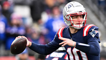 Jan 5, 2025; Foxborough, Massachusetts, USA; New England Patriots quarterback Drake Maye (10) looks to throw against the Buffalo Bills during the first half at Gillette Stadium. Mandatory Credit: Brian Fluharty-Imagn Images