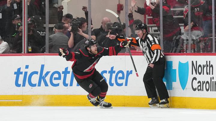 May 23, 2026; Raleigh, North Carolina, USA; Carolina Hurricanes left wing Nikolaj Ehlers (27) celebrates after scoring an overtime goal against the Montréal Canadiens in game two of the Eastern Conferene Final of the 2026 Stanley Cup Playoffs at Lenovo Center. Mandatory Credit: James Guillory-Imagn Images