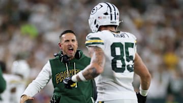 Green Bay Packers head coach Matt LaFleur and tight end Tucker Kraft