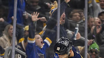 Feb 23, 2025; St. Louis, Missouri, USA;  St. Louis Blues center Brayden Schenn (10) reacts after scoring against the Colorado Avalanche during the second period at Enterprise Center. Mandatory Credit: Jeff Curry-Imagn Images