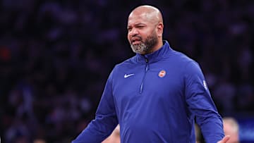 Dec 7, 2024; New York, New York, USA; Detroit Pistons head coach JB Bickerstaff reacts during the second half against the New York Knicks at Madison Square Garden. Mandatory Credit: Vincent Carchietta-Imagn Images