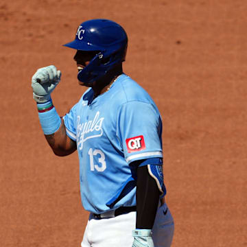 Kansas City Royals first baseman Salvador Perez (13) celebrates after hitting an RBI single during the fifth inning against the Minnesota Twins at Kauffman Stadium on Sept 8.