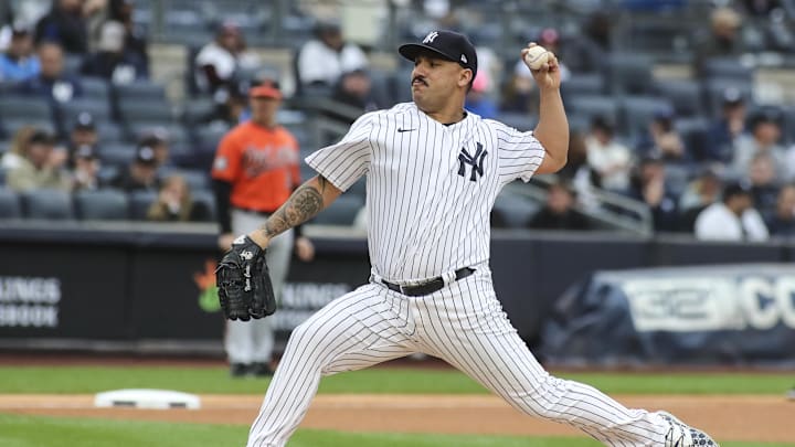 Oct 1, 2022; Bronx, New York, USA; New York Yankees starting pitcher Nestor Cortes (65) pitches in