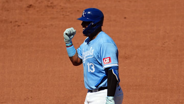 Kansas City Royals first baseman Salvador Perez (13) celebrates after hitting an RBI single during the fifth inning against the Minnesota Twins at Kauffman Stadium on Sept 8.