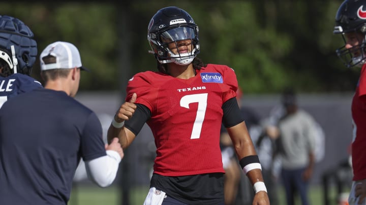 Jul 29, 2024; Houston, TX, USA; Houston Texans quarterback C.J. Stroud (7) during training camp at Houston Methodist Training Center. Mandatory Credit: Troy Taormina-USA TODAY Sports