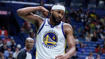 Nov 16, 2025; New Orleans, Louisiana, USA;  Golden State Warriors guard Moses Moody (4) reacts after a dunk against the New Orleans Pelicans during the second half at Smoothie King Center. Mandatory Credit: Matthew Hinton-Imagn Images