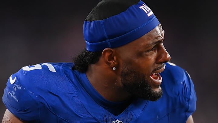 New York Giants linebacker Kayvon Thibodeaux reacts to a play from the sidelines. New York Giants linebacker Kayvon Thibodeaux reacts to a play from the sidelines.