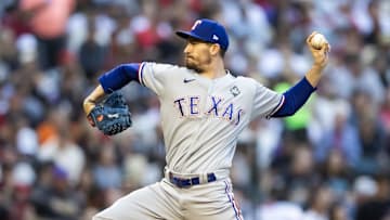Oct 31, 2023; Phoenix, Arizona, USA; Texas Rangers starting pitcher Andrew Heaney (44) against the Arizona Diamondbacks during game four of the 2023 World Series at Chase Field. Mandatory Credit: Mark J. Rebilas-USA TODAY Sports